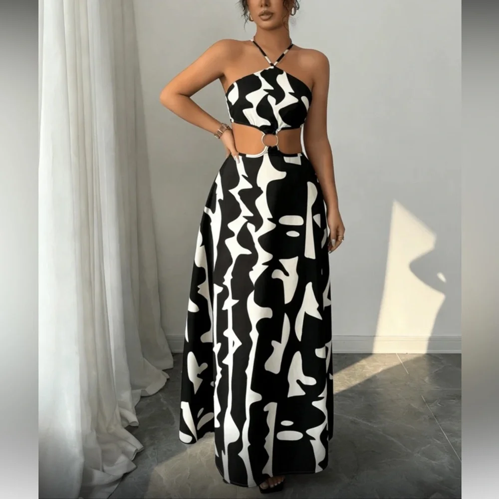Luxe Black And White Abstract Cutout Halter Maxi Dress | Color: Black/White | Size: 4 | Poshbosskelani's Closet